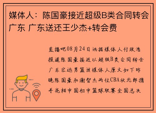 媒体人：陈国豪接近超级B类合同转会广东 广东送还王少杰+转会费